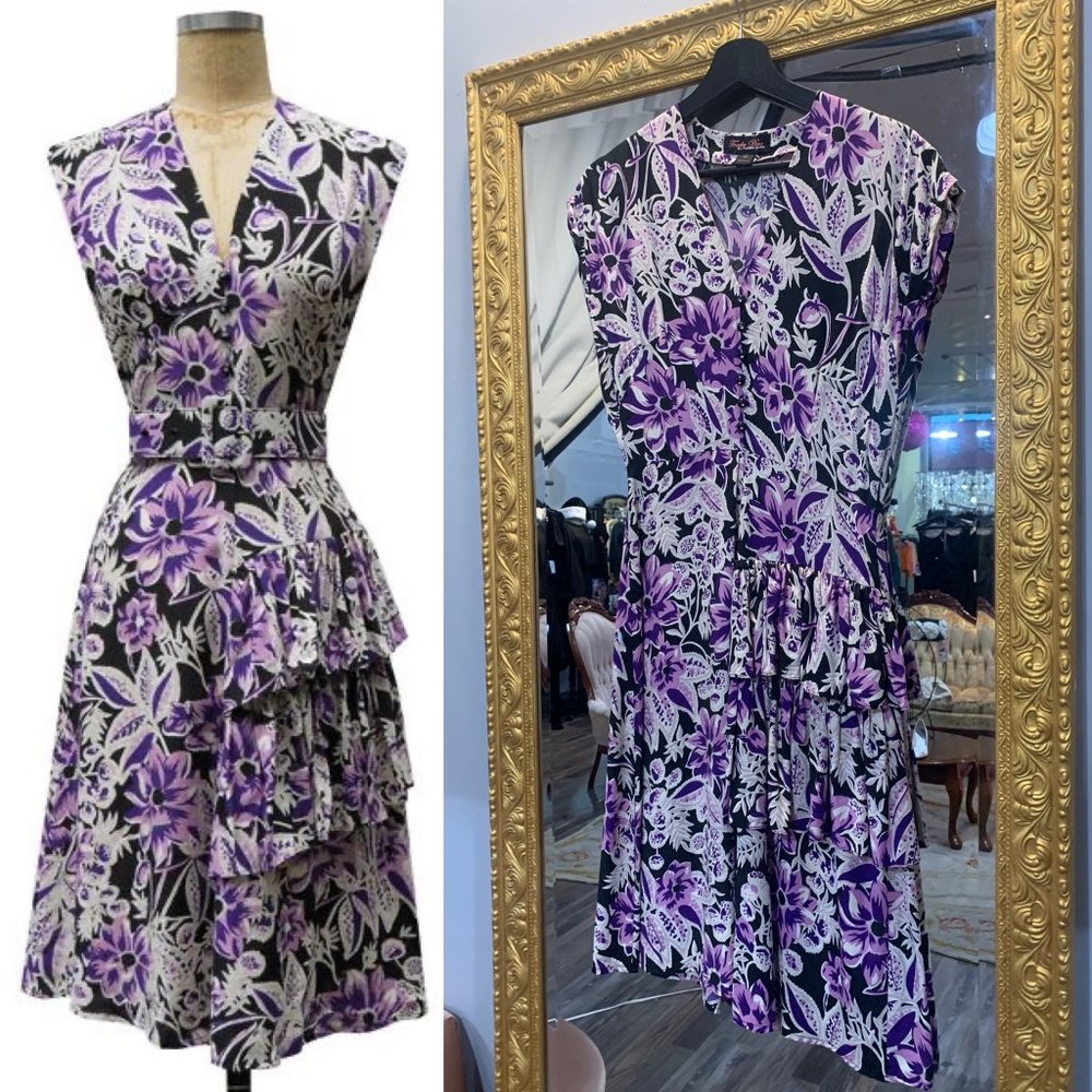 Floral V-Neck Tiered Dress in Purple and Black